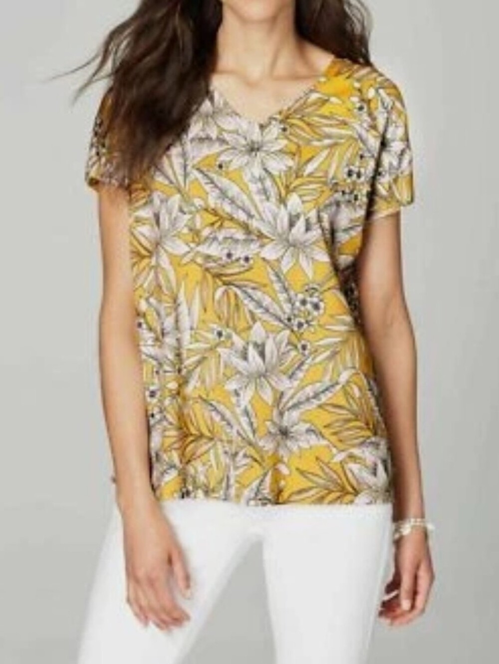 J.JILL Women's Daisy Yellow Floral V-Neck Supima Cotton Tee SZ M